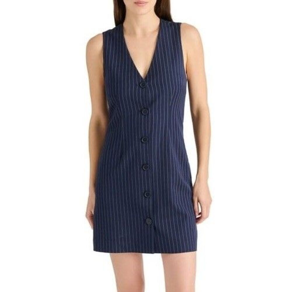 Steve Madden Women's Pinstripe Overall Mini Dress Size M Navy